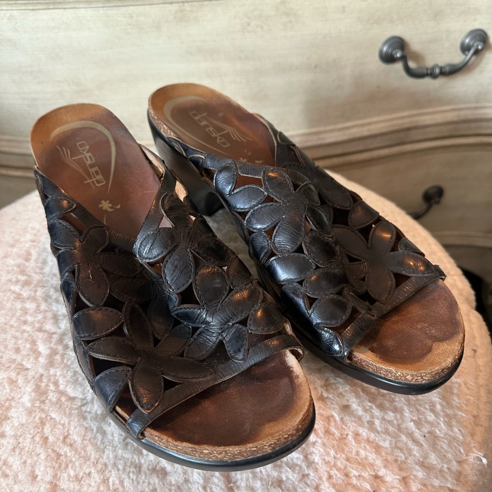 Dansko Black Leather Floral Sandals